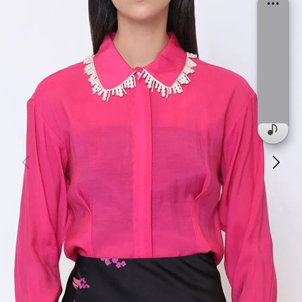 Gracia Fuchsia Pearl-Trim Button Down Blouse Size S
